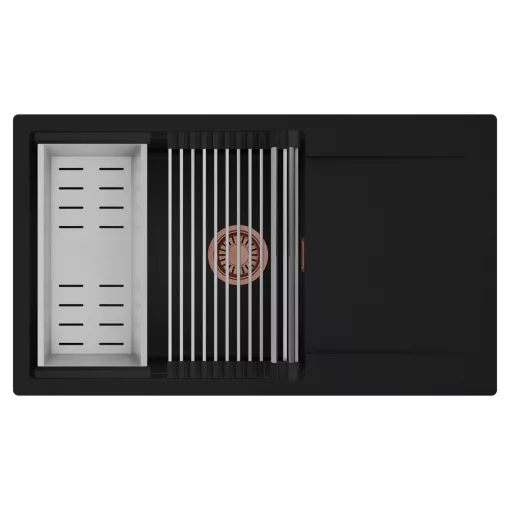 HD Onyx Black 86-XL egymedencés mosogatótálca szett, acél csepegtetőráccsal és kosárral, csepegtetőtálcával, matt fekete színben, szálcsiszolt réz leeresztő szifonnal