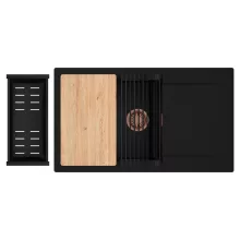 HD Onyx Black 86-XL egymedencés gránit mosogatótálca szett, csepegtetőtálcával, vágódeszkával, matt fekete csepegtetőráccsal és kosárral, matt fekete színben, szálcsiszolt réz leeresztő szifonnal