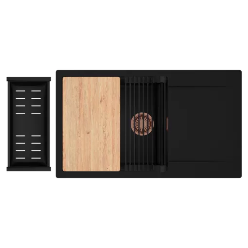 HD Onyx Black 86-XL egymedencés gránit mosogatótálca szett, csepegtetőtálcával, vágódeszkával, matt fekete csepegtetőráccsal és kosárral, matt fekete színben, szálcsiszolt réz leeresztő szifonnal