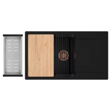 HD Onyx Black 86-XL egymedencés gránit mosogatótálca szett, csepegtetőtálcával, vágódeszkával, matt fekete csepegtetőráccsal és krómozott kosárral, matt fekete színben, szálcsiszolt réz leeresztő szifonnal