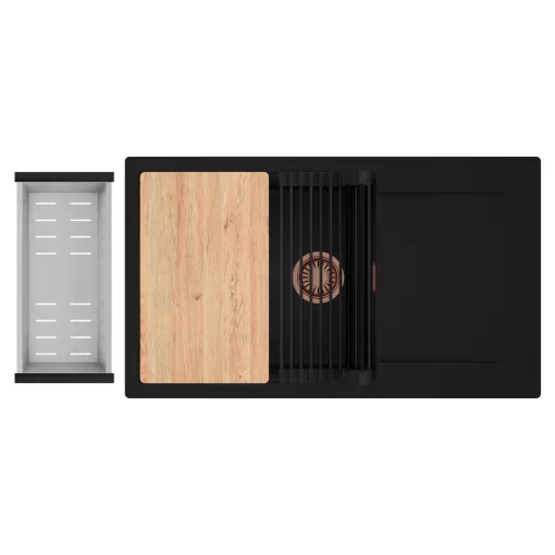 HD Onyx Black 86-XL egymedencés gránit mosogatótálca szett, csepegtetőtálcával, vágódeszkával, matt fekete csepegtetőráccsal és krómozott kosárral, matt fekete színben, szálcsiszolt réz leeresztő szifonnal