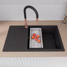 HD Onyx Black 86-XL egymedencés gránit mosogatótálca szett, csepegtetőtálcával, vágódeszkával, matt fekete csepegtetőráccsal és krómozott kosárral, matt fekete színben, szálcsiszolt réz leeresztő szifonnal