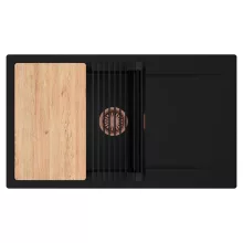 HD Onyx Black 86-XL egymedencés gránit mosogatótálca szett, csepegtetőtálcával, vágódeszkával, matt fekete csepegtetőráccsal, matt fekete színben, szálcsiszolt réz leeresztő szifonnal