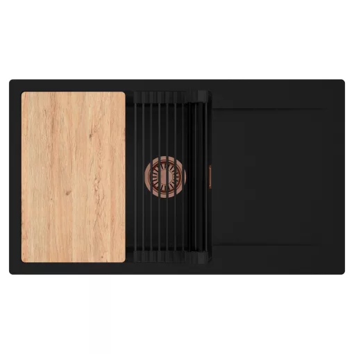 HD Onyx Black 86-XL egymedencés gránit mosogatótálca szett, csepegtetőtálcával, vágódeszkával, matt fekete csepegtetőráccsal, matt fekete színben, szálcsiszolt réz leeresztő szifonnal