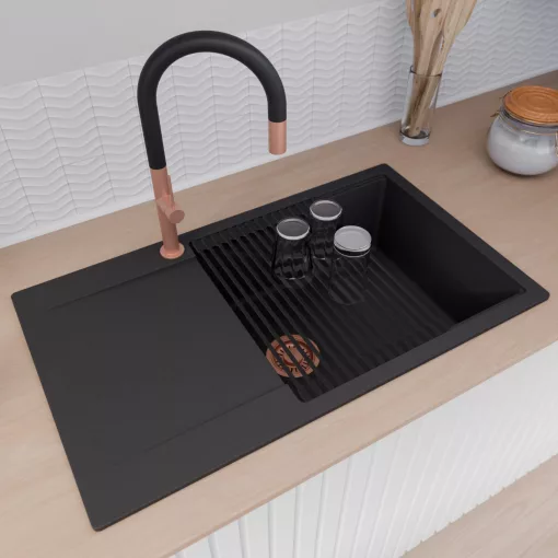 HD Onyx Black 86-XL egymedencés gránit mosogatótálca szett, csepegtetőtálcával, vágódeszkával, matt fekete csepegtetőráccsal, matt fekete színben, szálcsiszolt réz leeresztő szifonnal