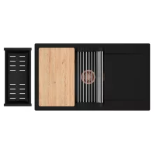 HD Onyx Black 86-XL egymedencés gránit mosogatótálca szett, csepegtetőtálcával, vágódeszkával, acél csepegtetőráccsal és matt fekete kosárral, matt fekete színben, szálcsiszolt réz leeresztő szifonnal