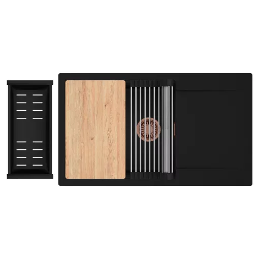 HD Onyx Black 86-XL egymedencés gránit mosogatótálca szett, csepegtetőtálcával, vágódeszkával, acél csepegtetőráccsal és matt fekete kosárral, matt fekete színben, szálcsiszolt réz leeresztő szifonnal