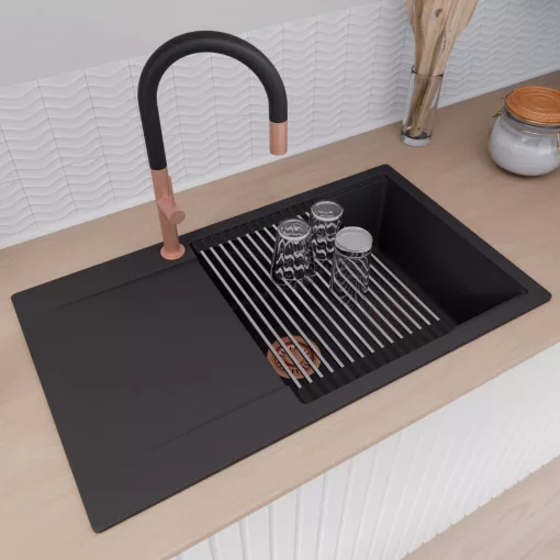 HD Onyx Black 86-XL egymedencés gránit mosogatótálca szett, csepegtetőtálcával, vágódeszkával, acél csepegtetőráccsal és matt fekete kosárral, matt fekete színben, szálcsiszolt réz leeresztő szifonnal