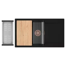 HD Onyx Black 86-XL egymedencés gránit mosogatótálca szett, csepegtetőtálcával, vágódeszkával, acél csepegtetőráccsal és kosárral, matt fekete színben, szálcsiszolt réz leeresztő szifonnal