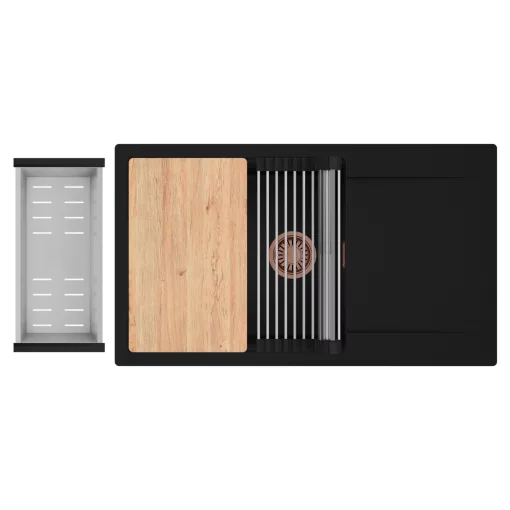 HD Onyx Black 86-XL egymedencés gránit mosogatótálca szett, csepegtetőtálcával, vágódeszkával, acél csepegtetőráccsal és kosárral, matt fekete színben, szálcsiszolt réz leeresztő szifonnal