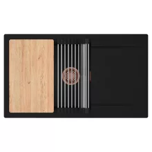 HD Onyx Black 86-XL egymedencés gránit mosogatótálca szett, csepegtetőtálcával, vágódeszkával, acél csepegtetőráccsal, matt fekete színben, szálcsiszolt réz leeresztő szifonnal