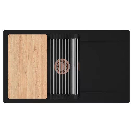 HD Onyx Black 86-XL egymedencés gránit mosogatótálca szett, csepegtetőtálcával, vágódeszkával, acél csepegtetőráccsal, matt fekete színben, szálcsiszolt réz leeresztő szifonnal