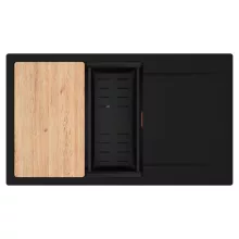 HD Onyx Black 86-XL egymedencés gránit mosogatótálca szett, csepegtetőtálcával, vágódeszkával, matt fekete csepegtetőkosárral, matt fekete színben, szálcsiszolt réz leeresztő szifonnal