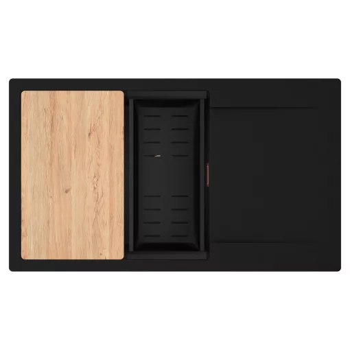 HD Onyx Black 86-XL egymedencés gránit mosogatótálca szett, csepegtetőtálcával, vágódeszkával, matt fekete csepegtetőkosárral, matt fekete színben, szálcsiszolt réz leeresztő szifonnal