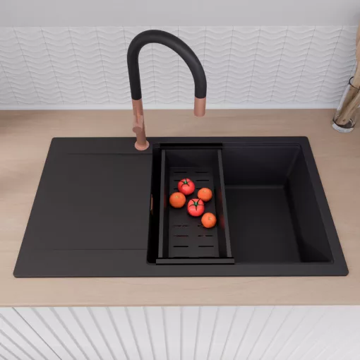 HD Onyx Black 86-XL egymedencés gránit mosogatótálca szett, csepegtetőtálcával, vágódeszkával, matt fekete csepegtetőkosárral, matt fekete színben, szálcsiszolt réz leeresztő szifonnal