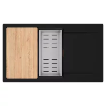 HD Onyx Black 86-XL egymedencés gránit mosogatótálca szett, csepegtetőtálcával, vágódeszkával, acél csepegtetőkosárral, matt fekete színben, szálcsiszolt réz leeresztő szifonnal