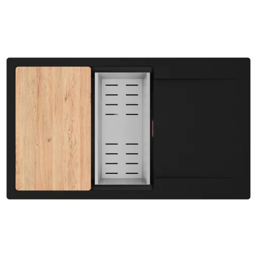 HD Onyx Black 86-XL egymedencés gránit mosogatótálca szett, csepegtetőtálcával, vágódeszkával, acél csepegtetőkosárral, matt fekete színben, szálcsiszolt réz leeresztő szifonnal