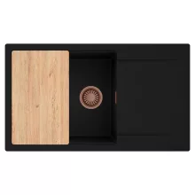 HD Onyx Black 86-XL egymedencés gránit mosogatótálca, vágódeszkával, matt fekete színben, szálcsiszolt réz leeresztő szifonnal