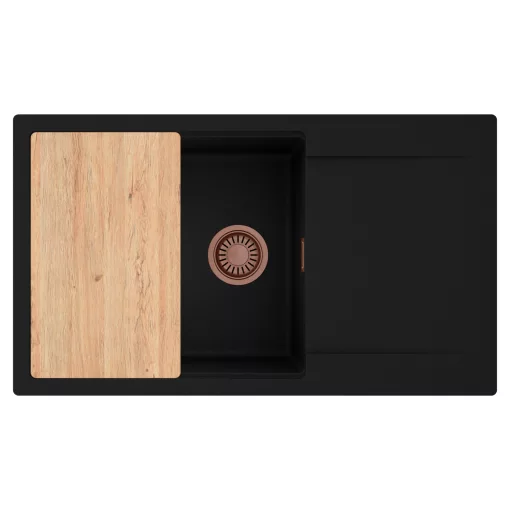 HD Onyx Black 86-XL egymedencés gránit mosogatótálca, vágódeszkával, matt fekete színben, szálcsiszolt réz leeresztő szifonnal