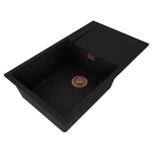 HD Onyx Black 86-XL egymedencés gránit mosogatótálca, vágódeszkával, matt fekete színben, szálcsiszolt réz leeresztő szifonnal