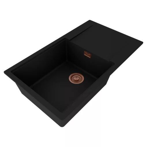 HD Onyx Black 86-XL egymedencés gránit mosogatótálca, vágódeszkával, matt fekete színben, szálcsiszolt réz leeresztő szifonnal