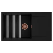 HD Onyx Black 86-XL egymedencés mosogatótálca szett, acél csepegtetőráccsal, csepegtetőtálcával, matt fekete színben, szálcsiszolt réz leeresztő szifonnal