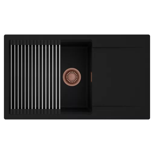 HD Onyx Black 86-XL egymedencés mosogatótálca szett, acél csepegtetőráccsal, csepegtetőtálcával, matt fekete színben, szálcsiszolt réz leeresztő szifonnal