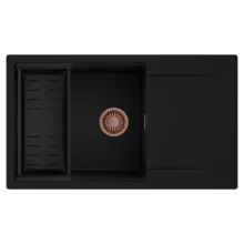 HD Onyx Black 86-XL egymedencés mosogatótálca szett, matt fekete csepegtetőkosárral, csepegtetőtálcával, matt fekete színben, szálcsiszolt réz leeresztő szifonnal