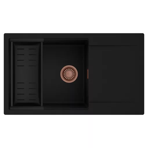 HD Onyx Black 86-XL egymedencés mosogatótálca szett, matt fekete csepegtetőkosárral, csepegtetőtálcával, matt fekete színben, szálcsiszolt réz leeresztő szifonnal