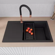 HD Onyx Black 86-XL egymedencés mosogatótálca szett, matt fekete csepegtetőkosárral, csepegtetőtálcával, matt fekete színben, szálcsiszolt réz leeresztő szifonnal