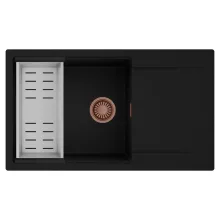 HD Onyx Black 86-XL egymedencés mosogatótálca szett, acél csepegtetőkosárral, csepegtetőtálcával, matt fekete színben, szálcsiszolt réz leeresztő szifonnal