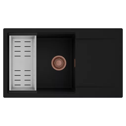 HD Onyx Black 86-XL egymedencés mosogatótálca szett, acél csepegtetőkosárral, csepegtetőtálcával, matt fekete színben, szálcsiszolt réz leeresztő szifonnal