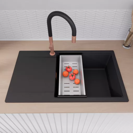 HD Onyx Black 86-XL egymedencés mosogatótálca szett, acél csepegtetőkosárral, csepegtetőtálcával, matt fekete színben, szálcsiszolt réz leeresztő szifonnal