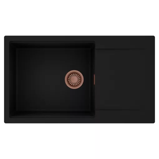 HD Onyx Black 86-XL egymedencés mosogatótálca, csepegtetőtálcával, matt fekete színben, szálcsiszolt réz leeresztő szifonnal