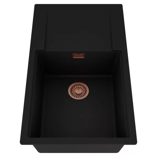 HD Onyx Black 86-XL egymedencés mosogatótálca, csepegtetőtálcával, matt fekete színben, szálcsiszolt réz leeresztő szifonnal