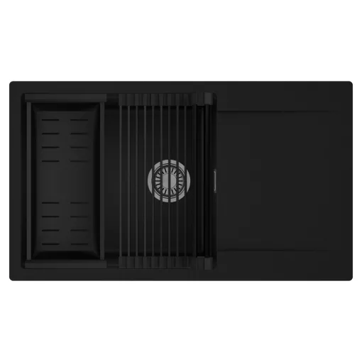 HD Onyx Black 86-XL egymedencés mosogatótálca szett, matt fekete csepegtetőráccsal és kosárral, csepegtetőtálcával, matt fekete színben