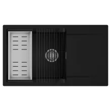 HD Onyx Black 86-XL egymedencés mosogatótálca szett, matt fekete csepegtetőráccsal és krómozott kosárral, csepegtetőtálcával, matt fekete színben