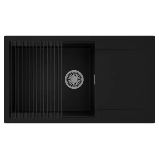 HD Onyx Black 86-XL egymedencés mosogatótálca szett, matt fekete csepegtetőráccsal, csepegtetőtálcával, matt fekete színben