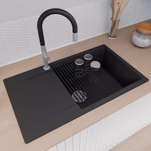 HD Onyx Black 86-XL egymedencés mosogatótálca szett, matt fekete csepegtetőráccsal, csepegtetőtálcával, matt fekete színben