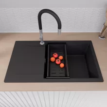 HD Onyx Black 86-XL egymedencés mosogatótálca szett, acél csepegtetőráccsal és matt fekete kosárral, csepegtetőtálcával, matt fekete színben