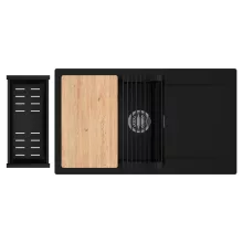 HD Onyx Black 86-XL egymedencés gránit mosogatótálca szett, csepegtetőtálcával, vágódeszkával, matt fekete csepegtetőráccsal és kosárral, matt fekete színben