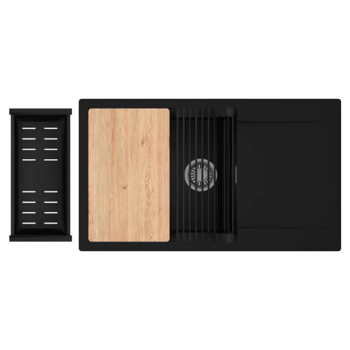 HD Onyx Black 86-XL egymedencés gránit mosogatótálca szett, csepegtetőtálcával, vágódeszkával, matt fekete csepegtetőráccsal és kosárral, matt fekete színben