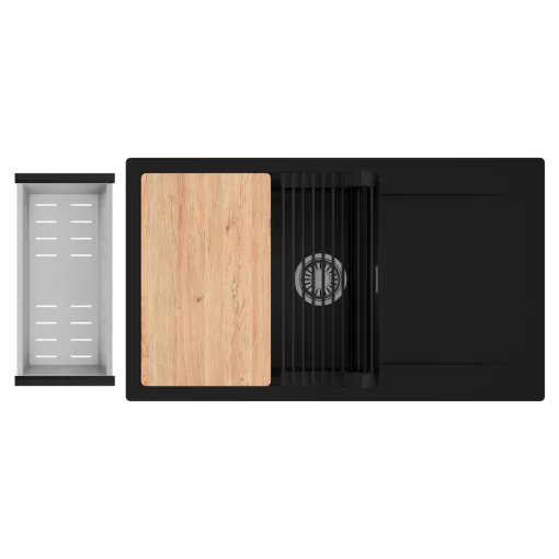 HD Onyx Black 86-XL egymedencés gránit mosogatótálca szett, csepegtetőtálcával, vágódeszkával, matt fekete csepegtetőráccsal és krómozott kosárral, matt fekete színben