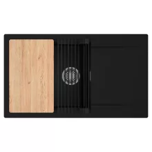 HD Onyx Black 86-XL egymedencés gránit mosogatótálca szett, csepegtetőtálcával, vágódeszkával, matt fekete csepegtetőráccsal, matt fekete színben