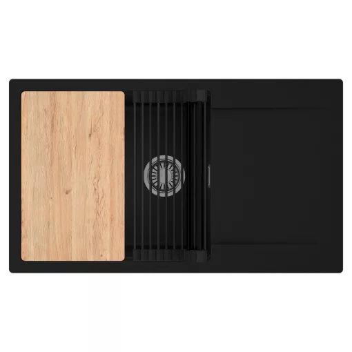 HD Onyx Black 86-XL egymedencés gránit mosogatótálca szett, csepegtetőtálcával, vágódeszkával, matt fekete csepegtetőráccsal, matt fekete színben