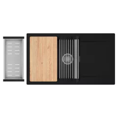   HD Onyx Black 86-XL egymedencés gránit mosogatótálca szett, csepegtetőtálcával, vágódeszkával, acél csepegtetőráccsal és kosárral, matt fekete színben