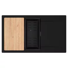 HD Onyx Black 86-XL egymedencés gránit mosogatótálca szett, csepegtetőtálcával, vágódeszkával, matt fekete csepegtetőkosárral, matt fekete színben