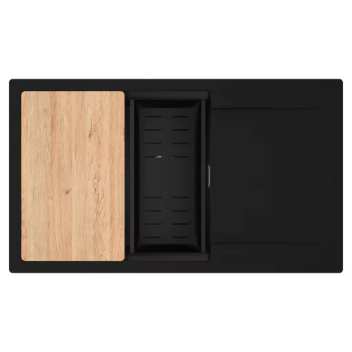 HD Onyx Black 86-XL egymedencés gránit mosogatótálca szett, csepegtetőtálcával, vágódeszkával, matt fekete csepegtetőkosárral, matt fekete színben