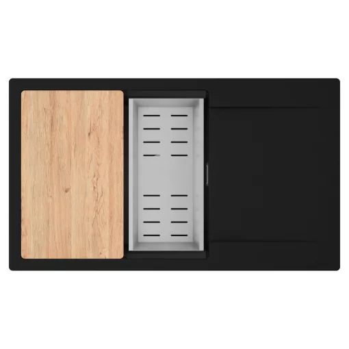 HD Onyx Black 86-XL egymedencés gránit mosogatótálca szett, csepegtetőtálcával, vágódeszkával, acél csepegtetőkosárral, matt fekete színben