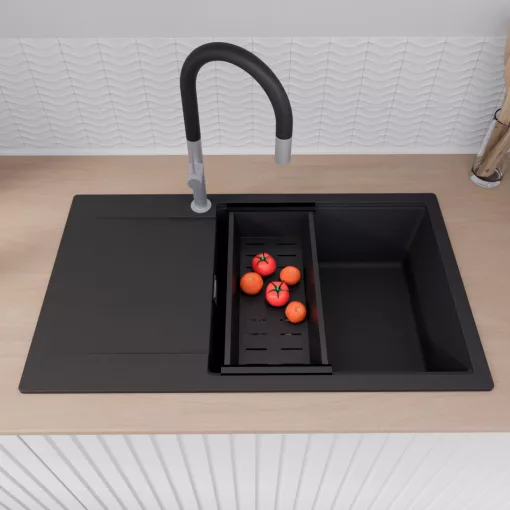 HD Onyx Black 86-XL egymedencés mosogatótálca szett, matt fekete csepegtetőkosárral, csepegtetőtálcával, matt fekete színben